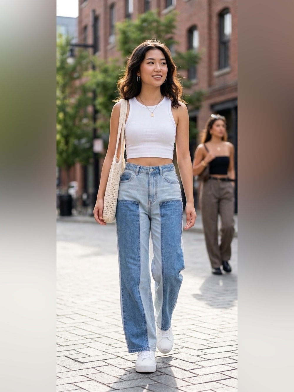 Forever 21 Light & Medium Blue Patchwork Low-Rise Wide Leg Jeans